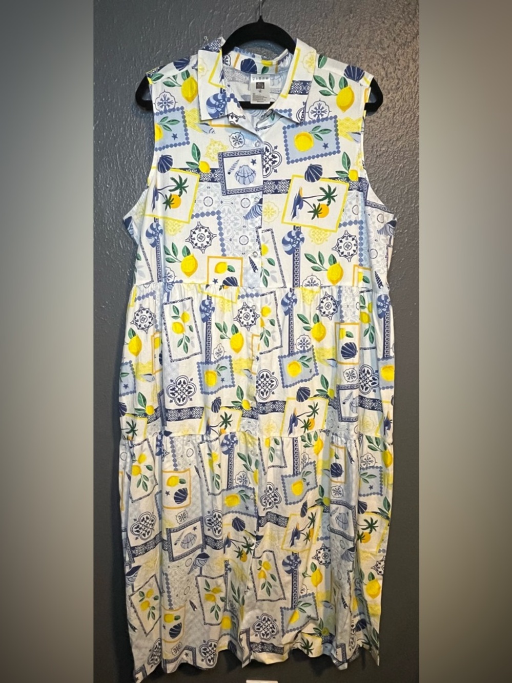 Sleeveless Lemon-Print Maxi Dress with Collar - White/Yellow/Blue
